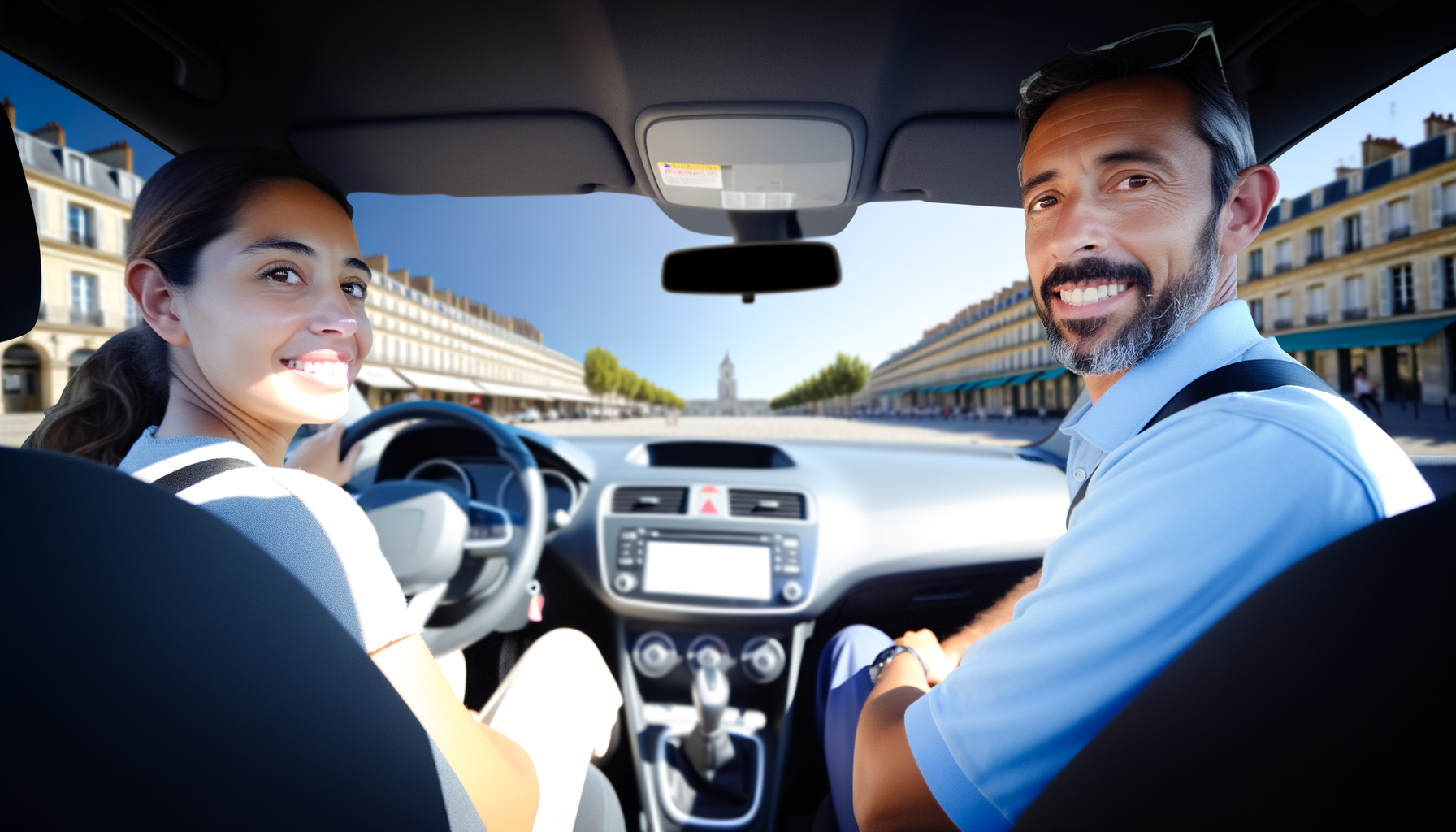 Moniteur souriant et élève heureux à l'intérieur d'une voiture d'auto-école, complicité, en train de démarrer la leçon
